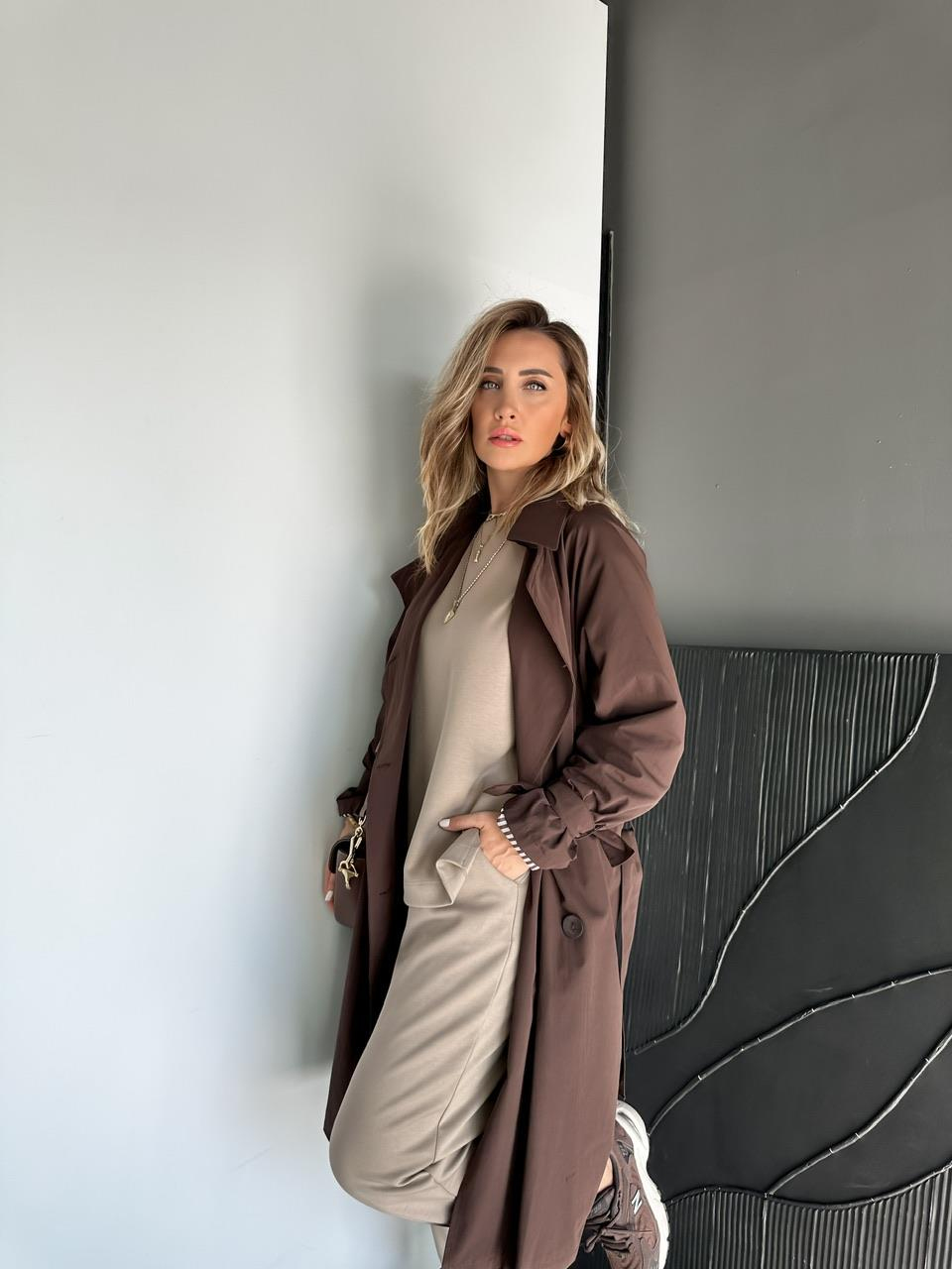 Kahve Kolu Bağlamalı Oversize Trençkot