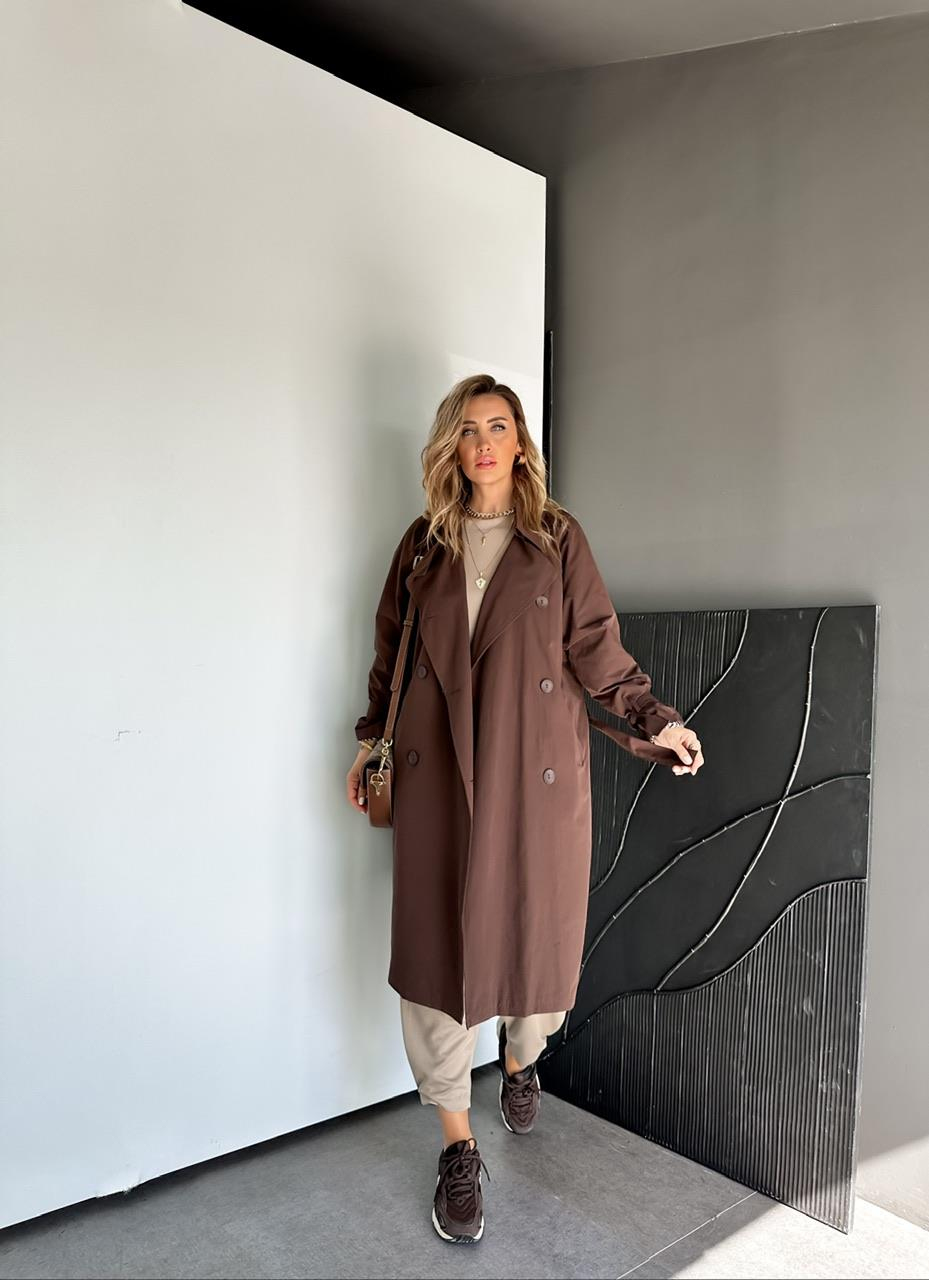 Kahve Kolu Bağlamalı Oversize Trençkot