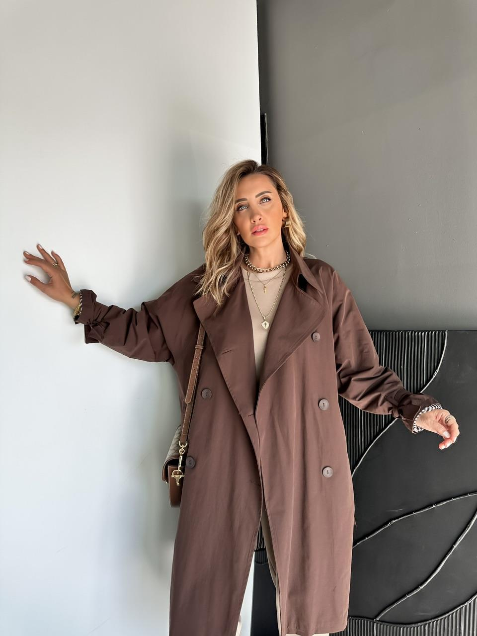 Kahve Kolu Bağlamalı Oversize Trençkot