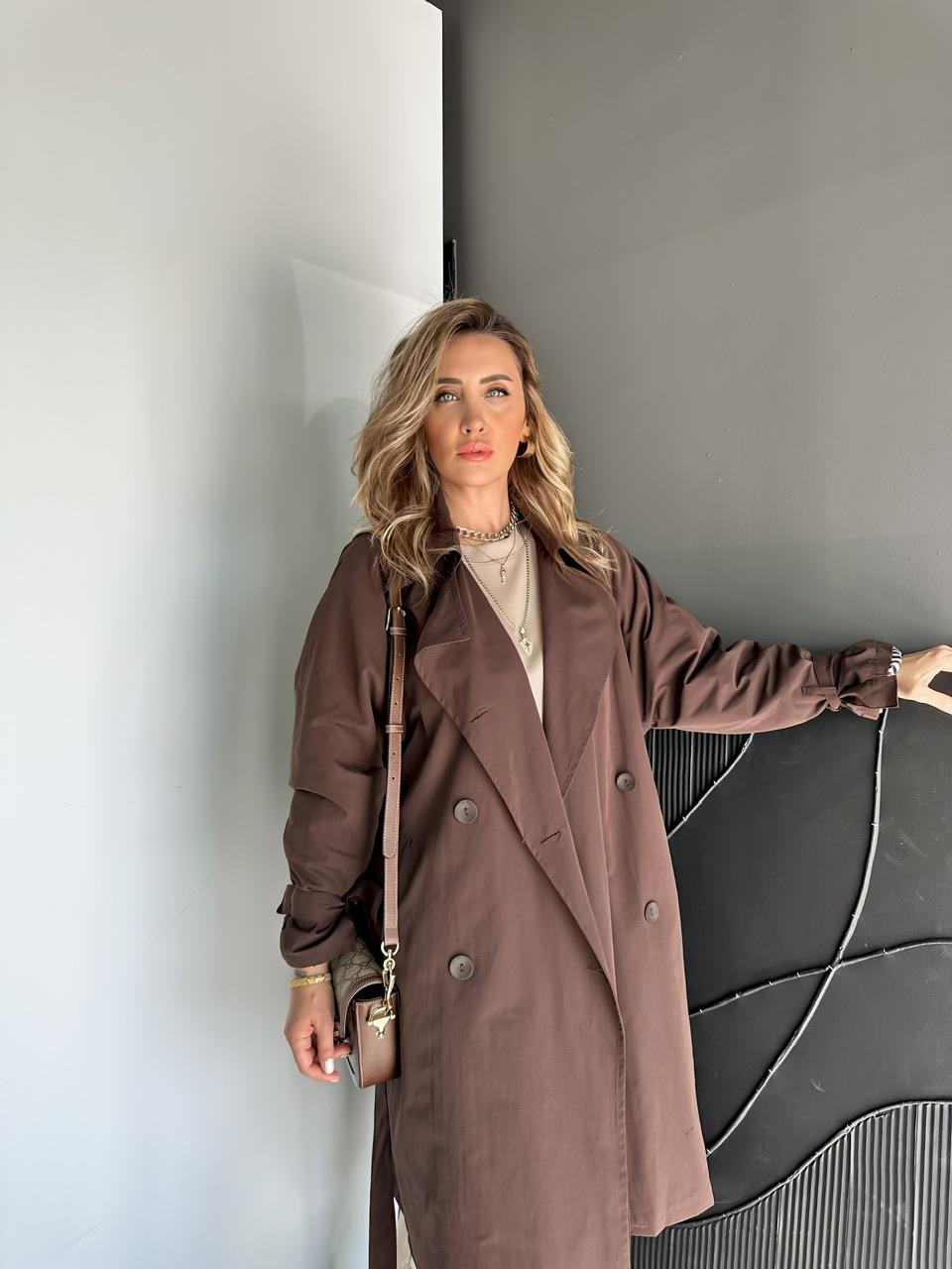 Kahve Kolu Bağlamalı Oversize Trençkot