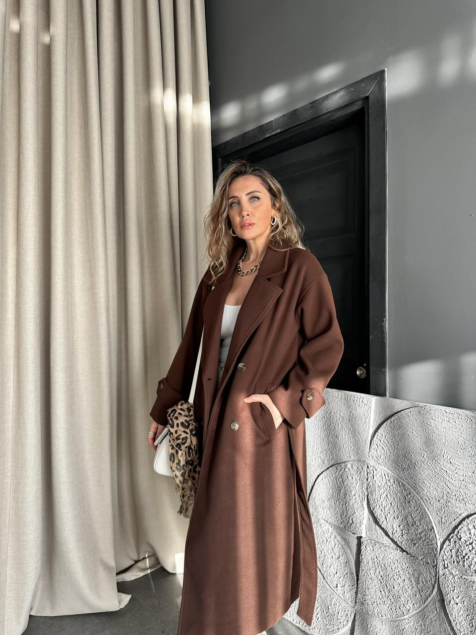 Kahve Kolu Manşetli Premium Kaşe Kaban