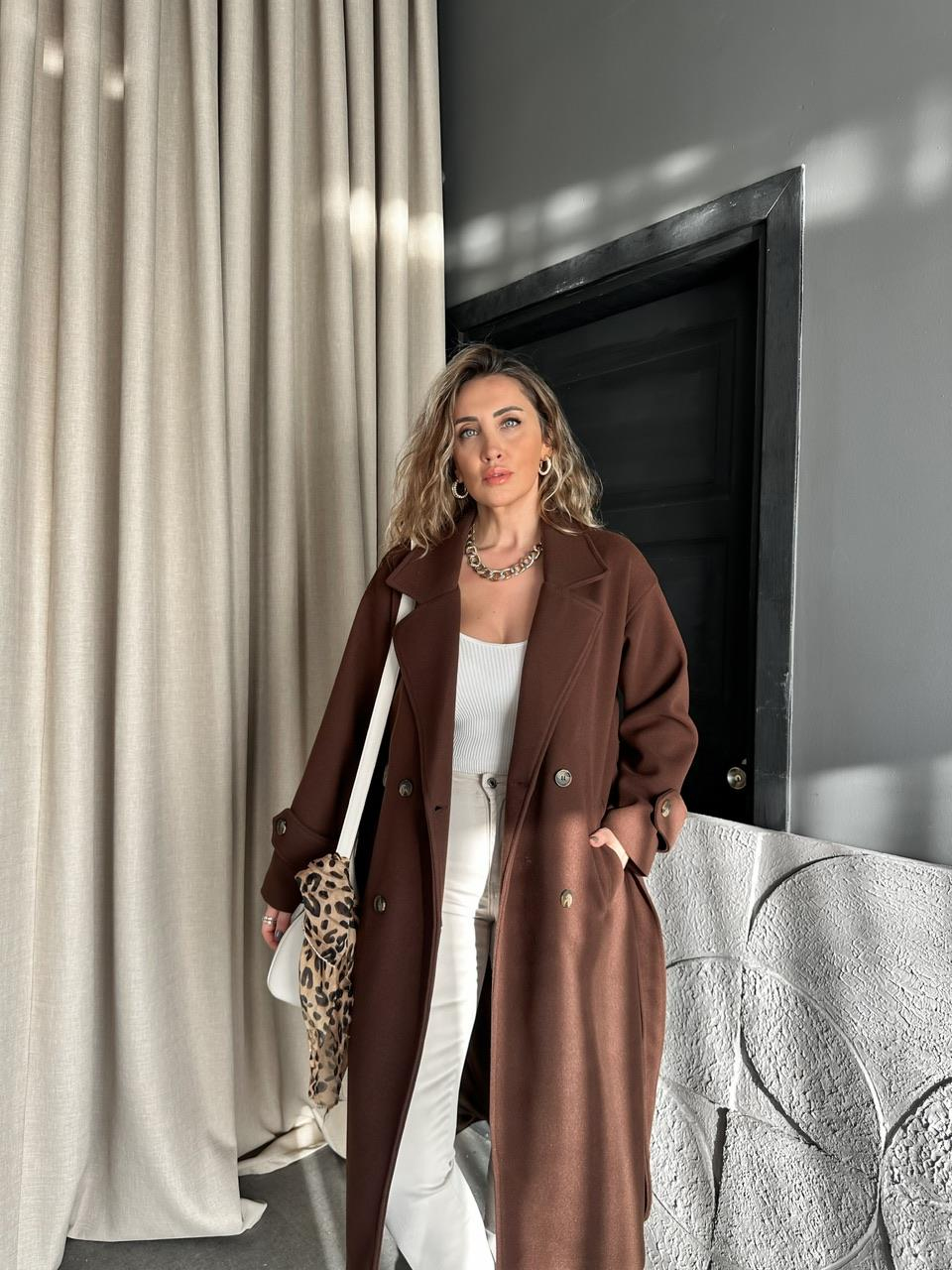 Kahve Kolu Manşetli Premium Kaşe Kaban