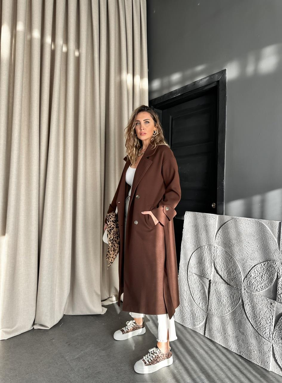 Kahve Kolu Manşetli Premium Kaşe Kaban