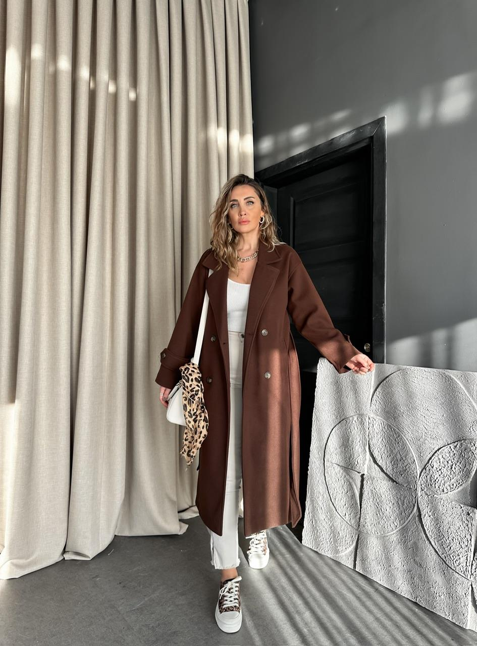 Kahve Kolu Manşetli Premium Kaşe Kaban