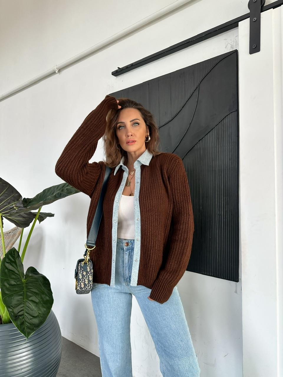 Kahve Kot Detaylı Çıtçıtlı Hırka