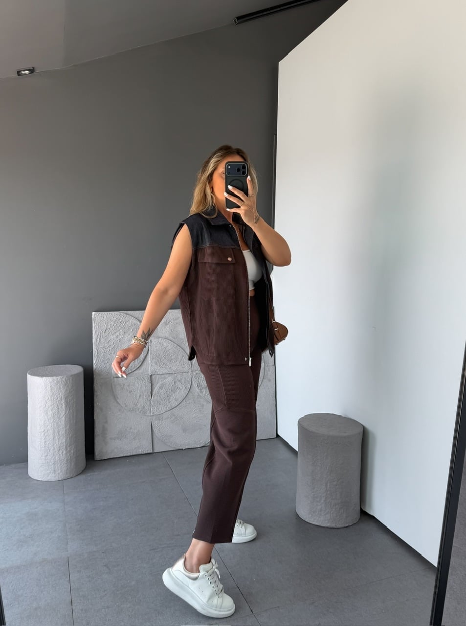 Kahve Kot Mix Yelekli Takım