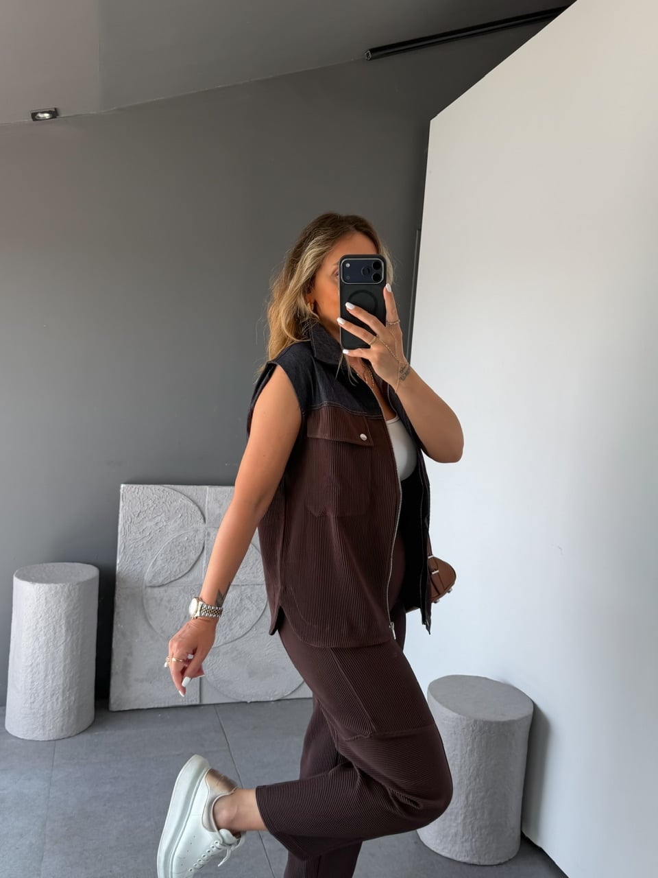 Kahve Kot Mix Yelekli Takım