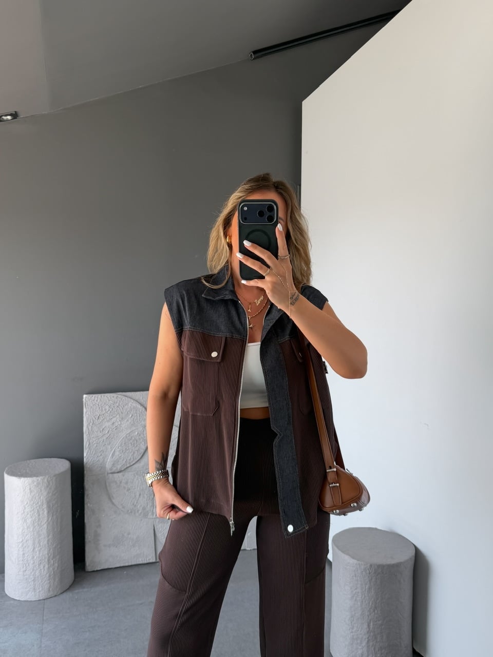 Kahve Kot Mix Yelekli Takım