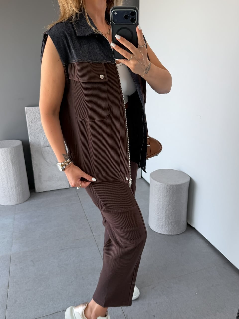 Kahve Kot Mix Yelekli Takım