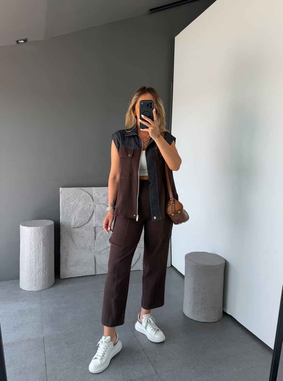 Kahve Kot Mix Yelekli Takım