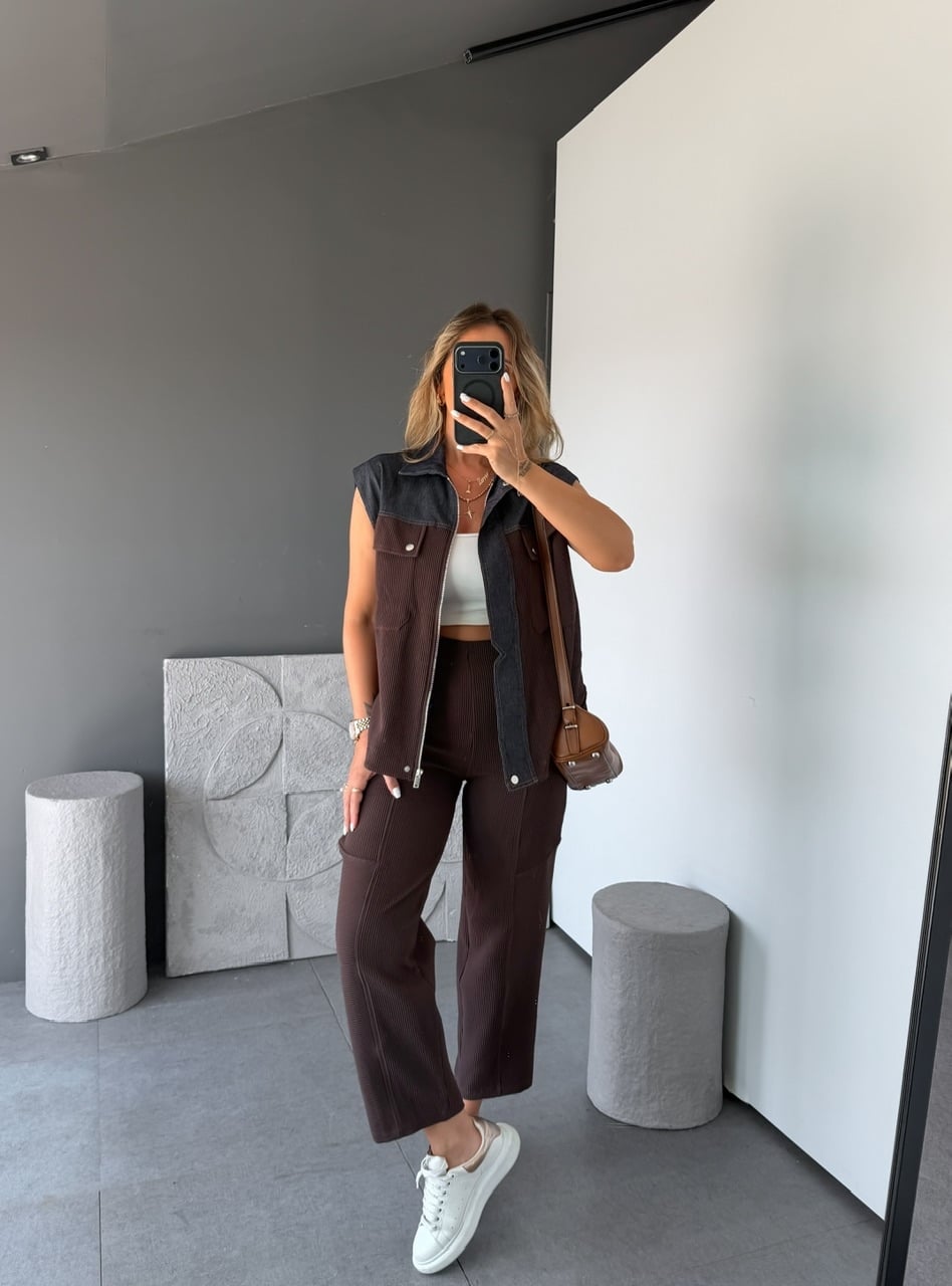 Kahve Kot Mix Yelekli Takım