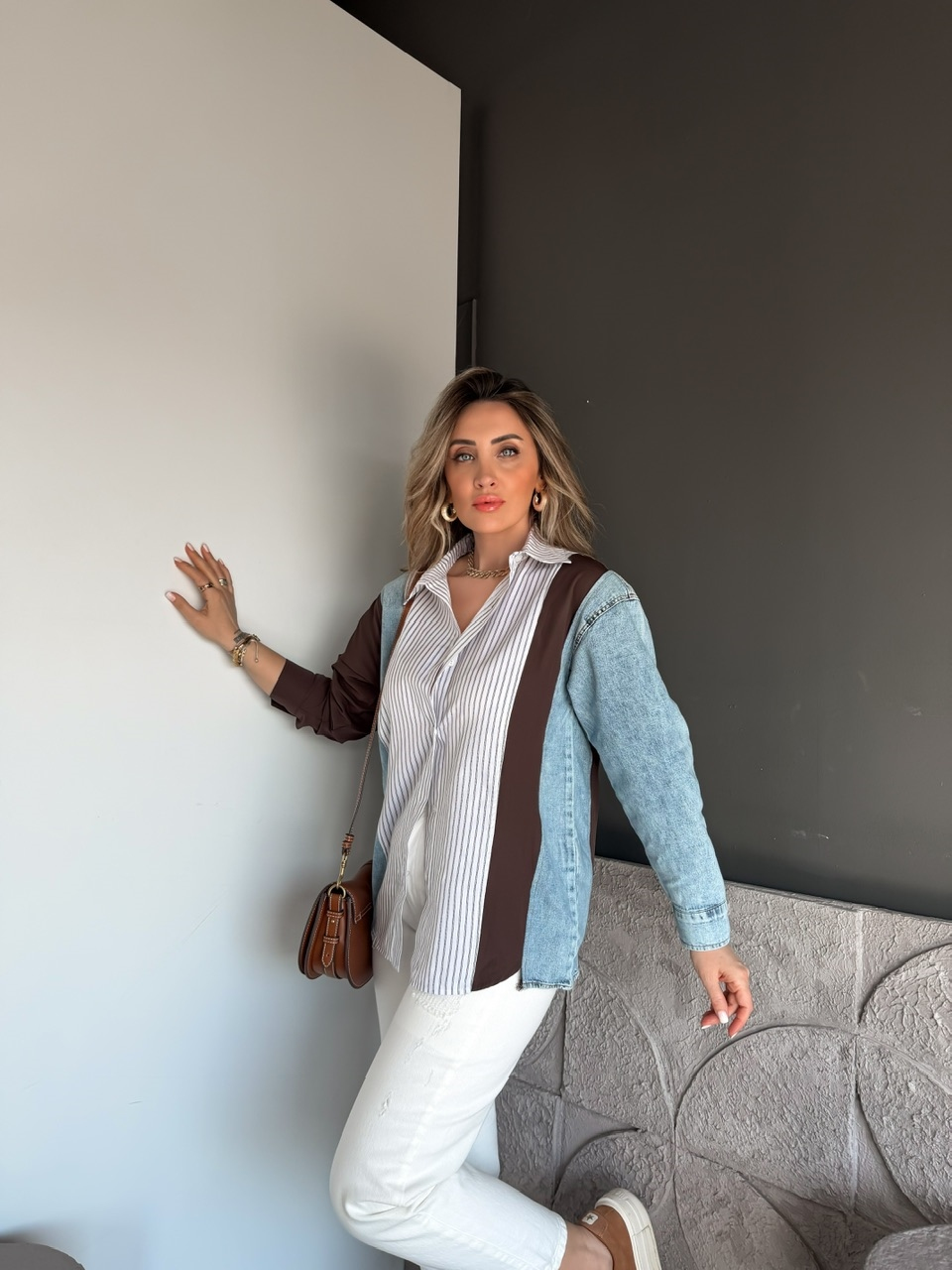 Kahve Kot Parçalı Çizgili Gömlek
