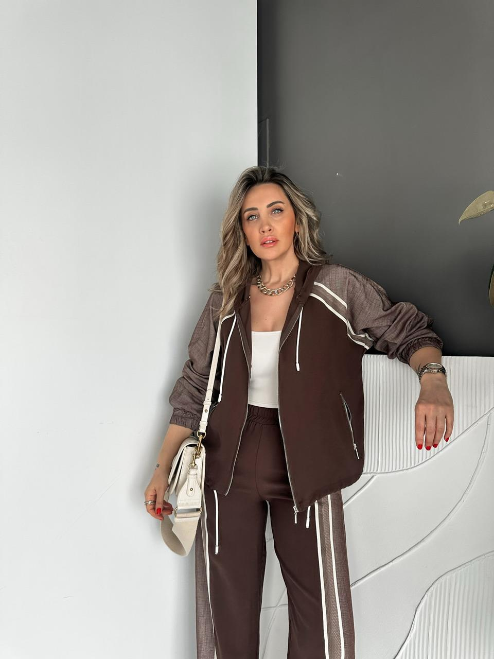 Kahve Kot Parçalı Kapşonlu Modal Takım
