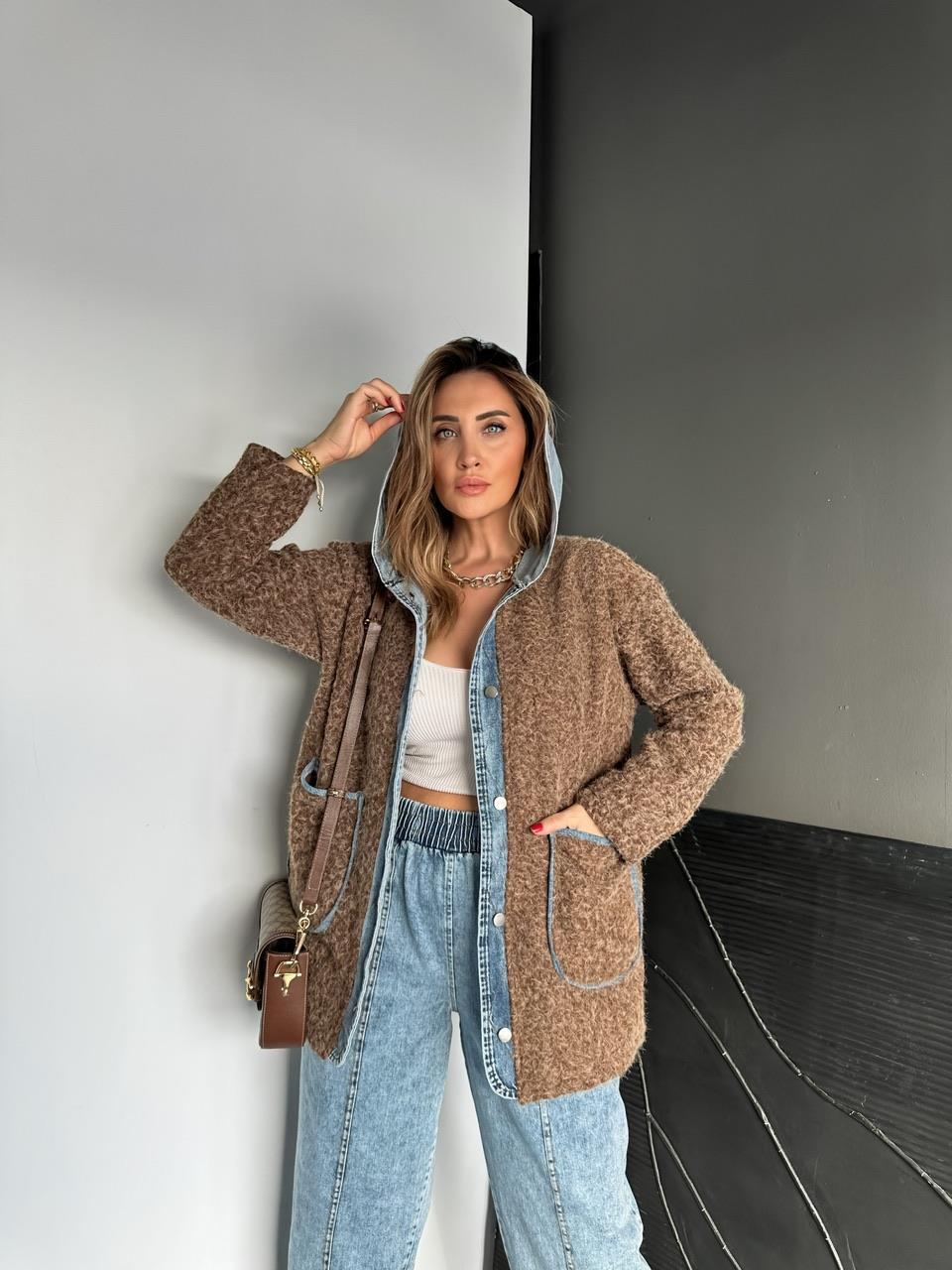 Kahve Kot Parçalı Kapşonlu Teddy Mont