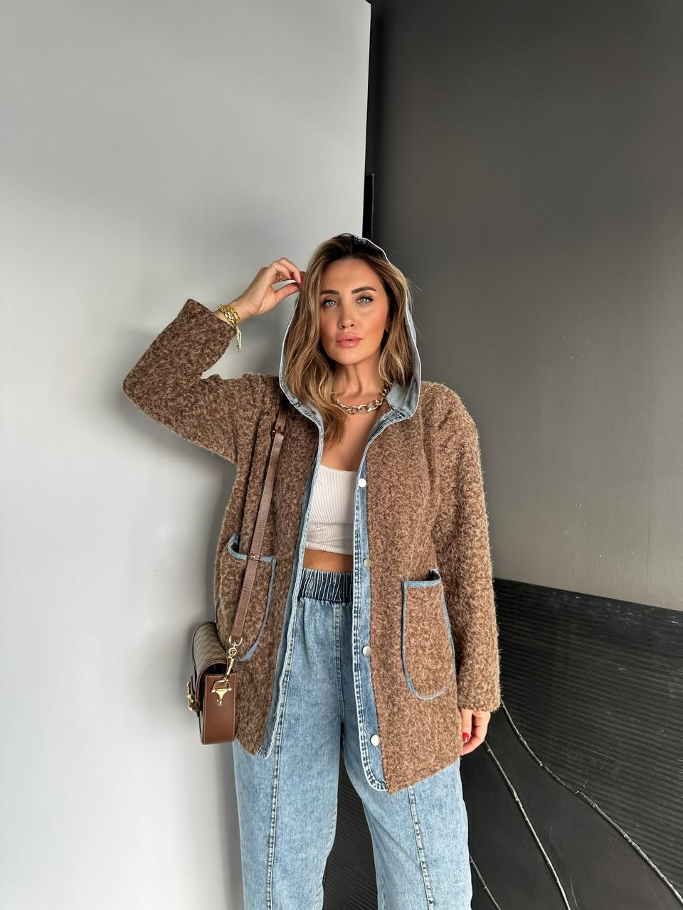 Kahve Kot Parçalı Kapşonlu Teddy Mont