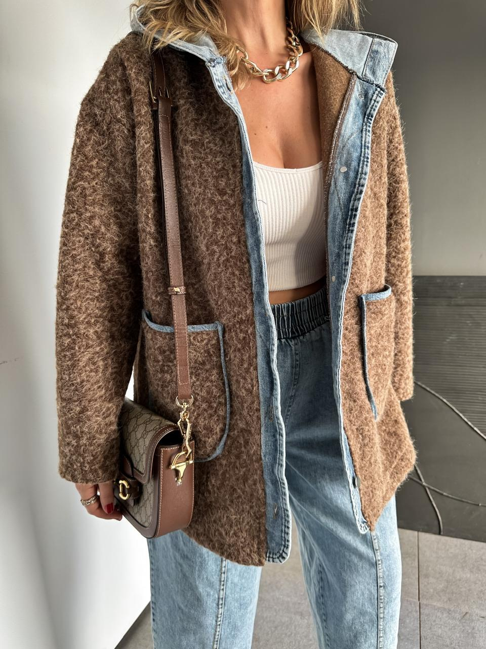 Kahve Kot Parçalı Kapşonlu Teddy Mont