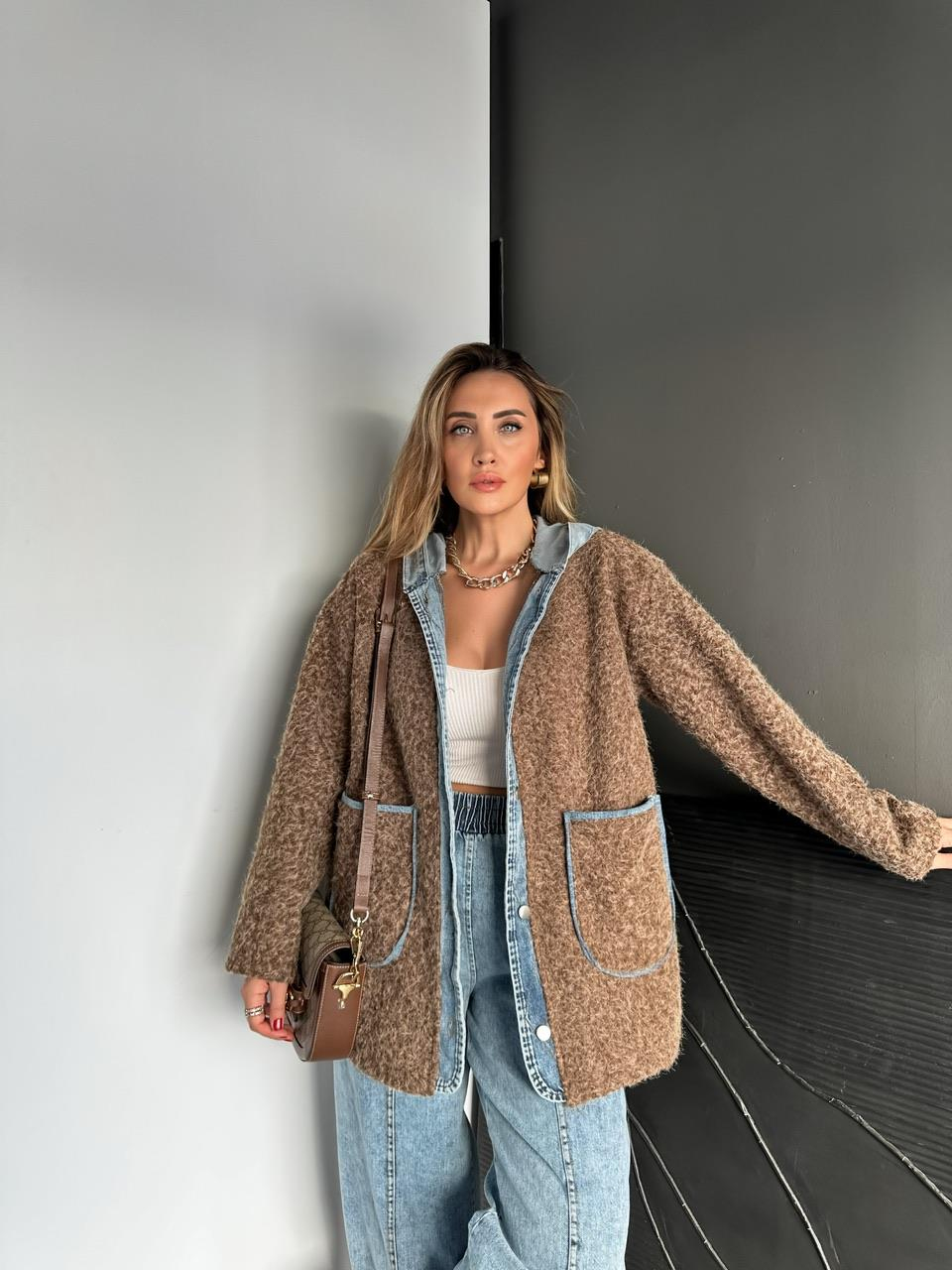 Kahve Kot Parçalı Kapşonlu Teddy Mont