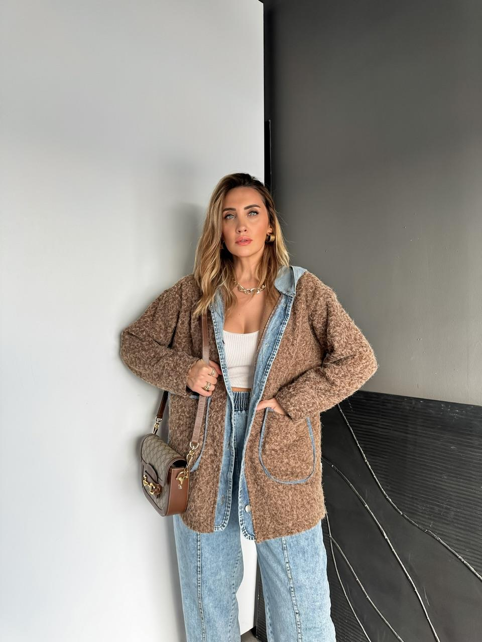 Kahve Kot Parçalı Kapşonlu Teddy Mont