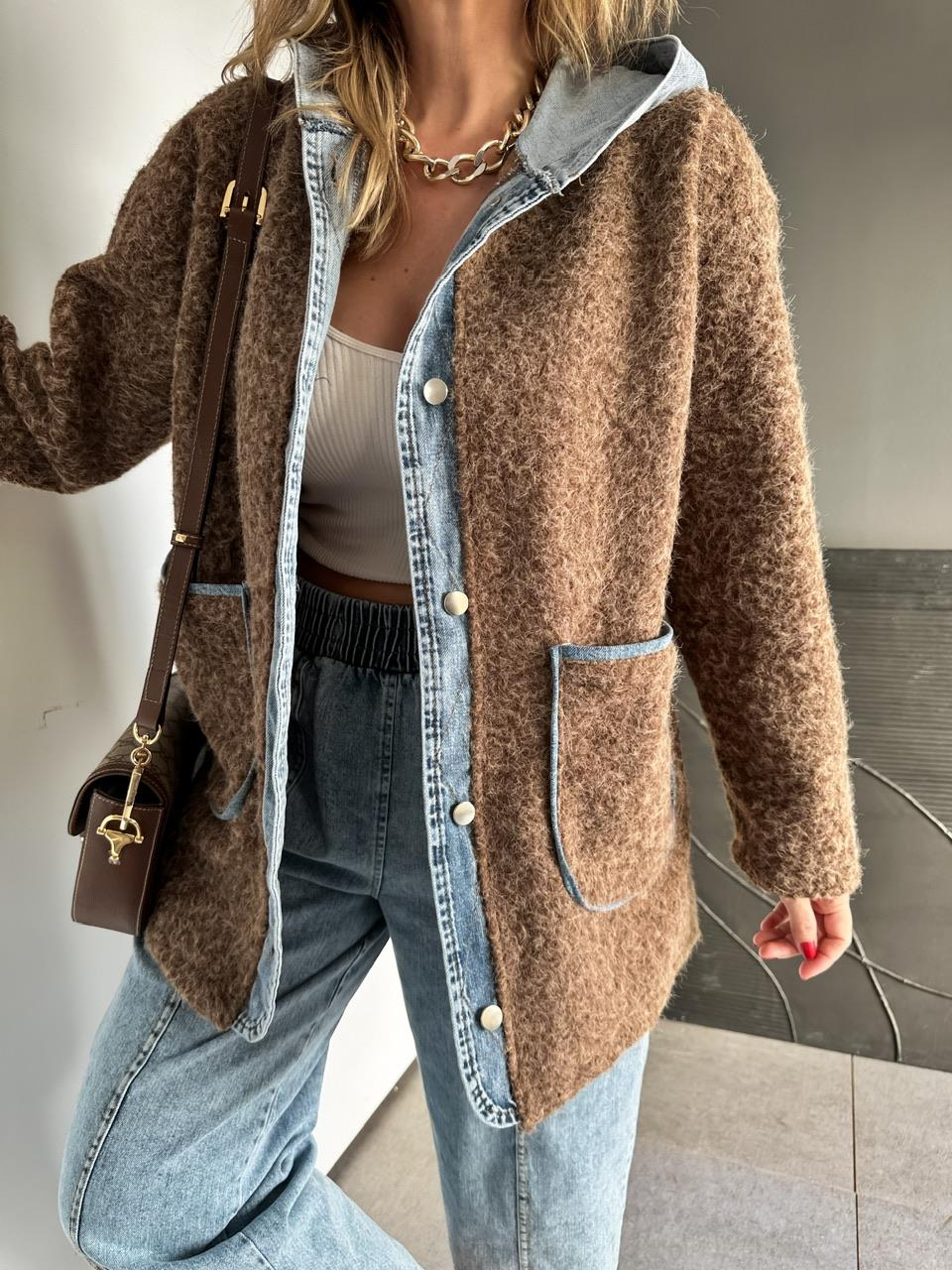 Kahve Kot Parçalı Kapşonlu Teddy Mont