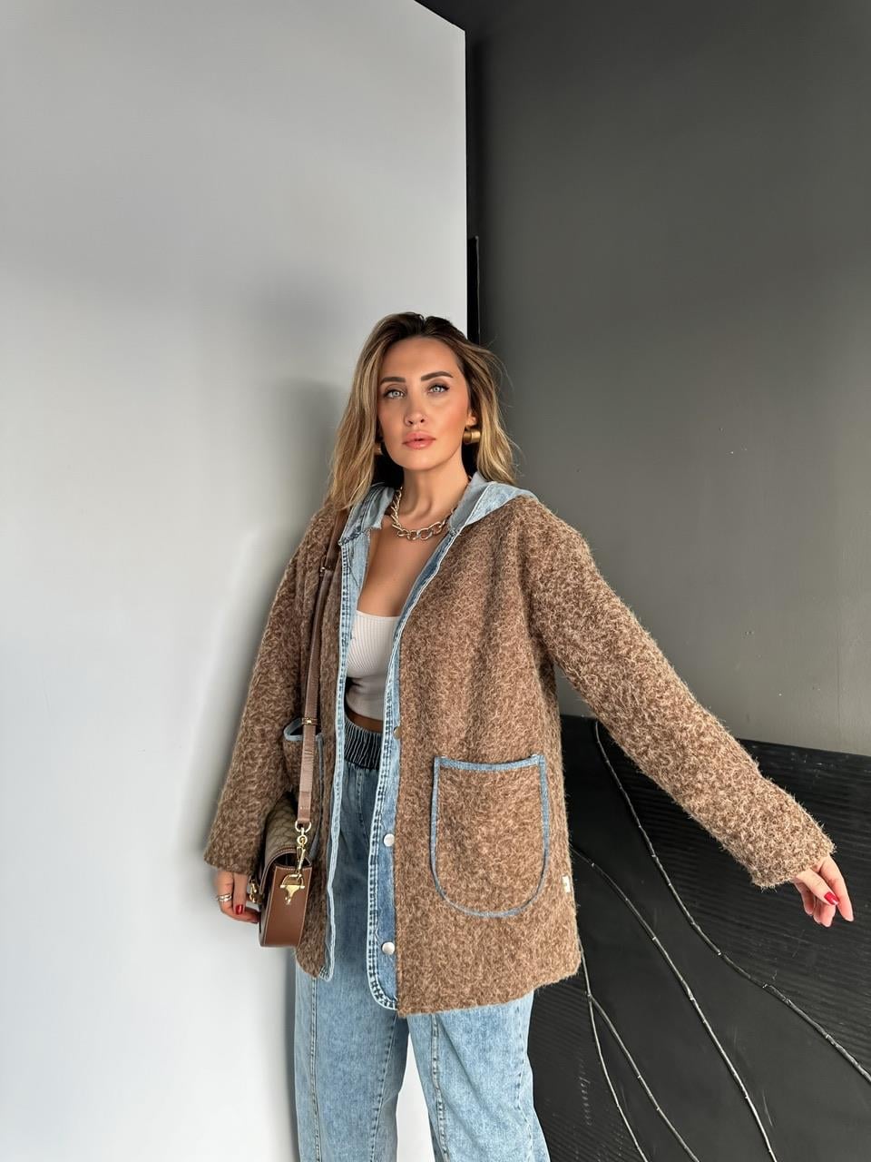 Kahve Kot Parçalı Kapşonlu Teddy Mont