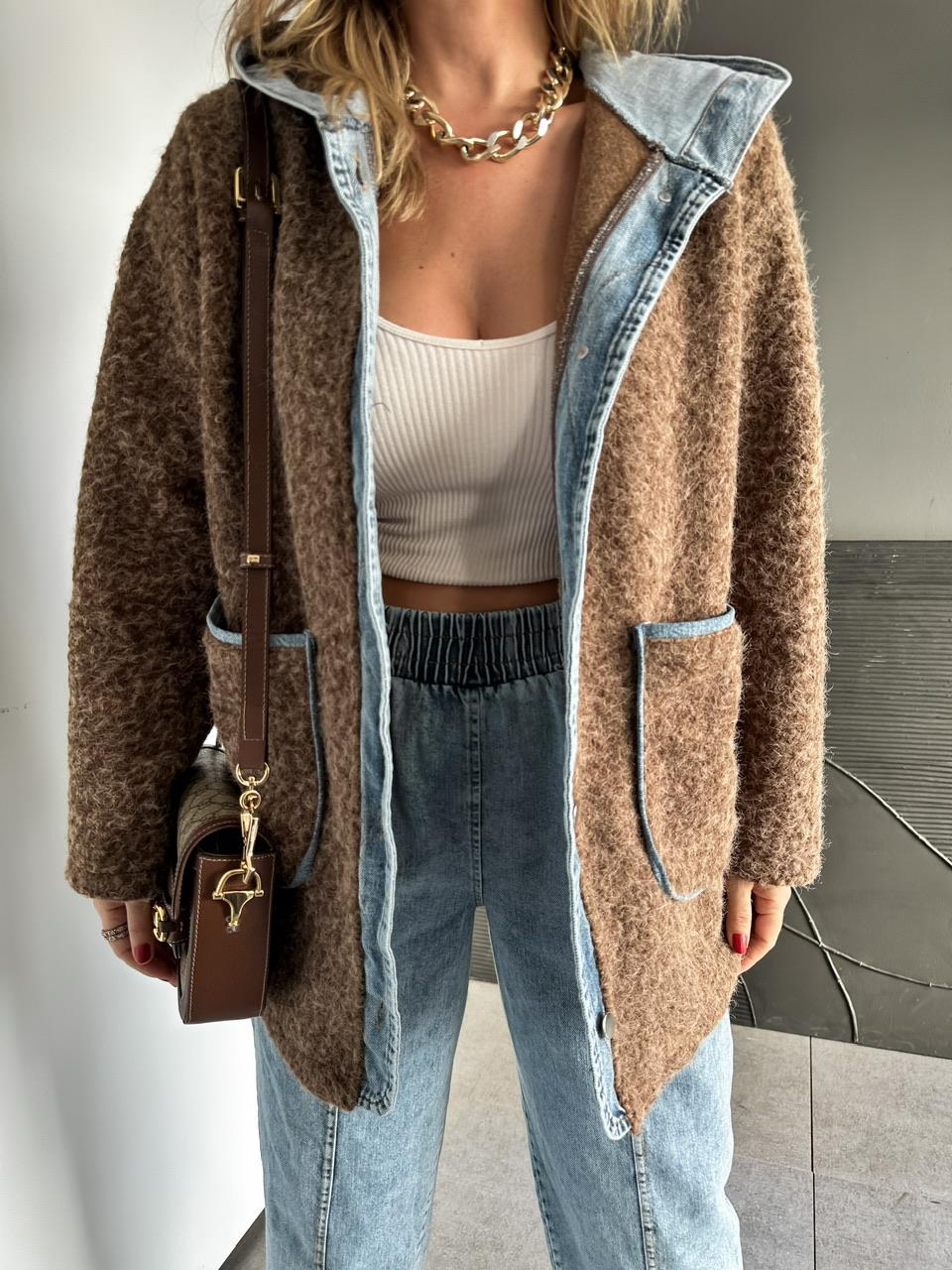 Kahve Kot Parçalı Kapşonlu Teddy Mont