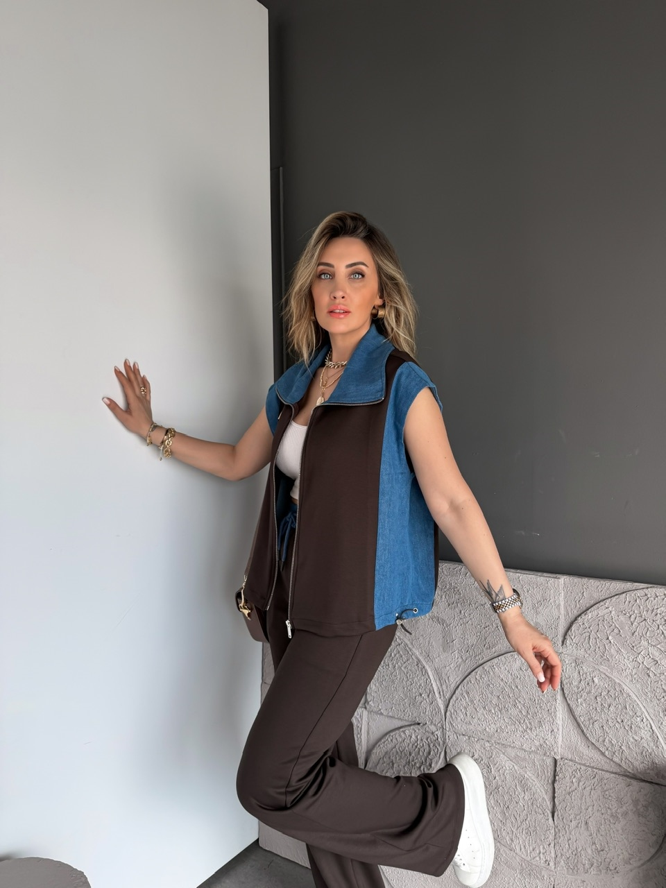 Kahve Kot Parçalı Yelekli Modal Takım