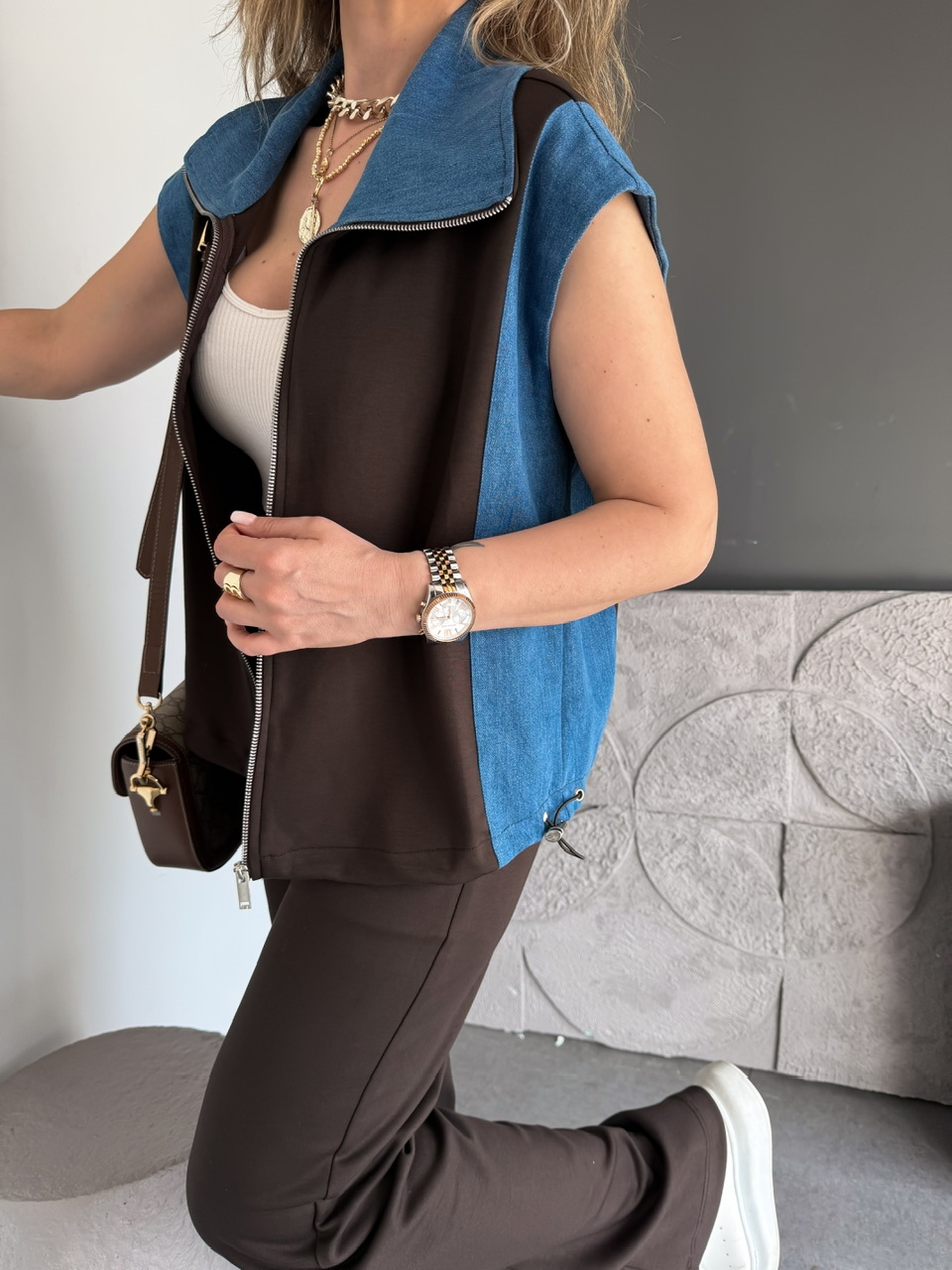 Kahve Kot Parçalı Yelekli Modal Takım