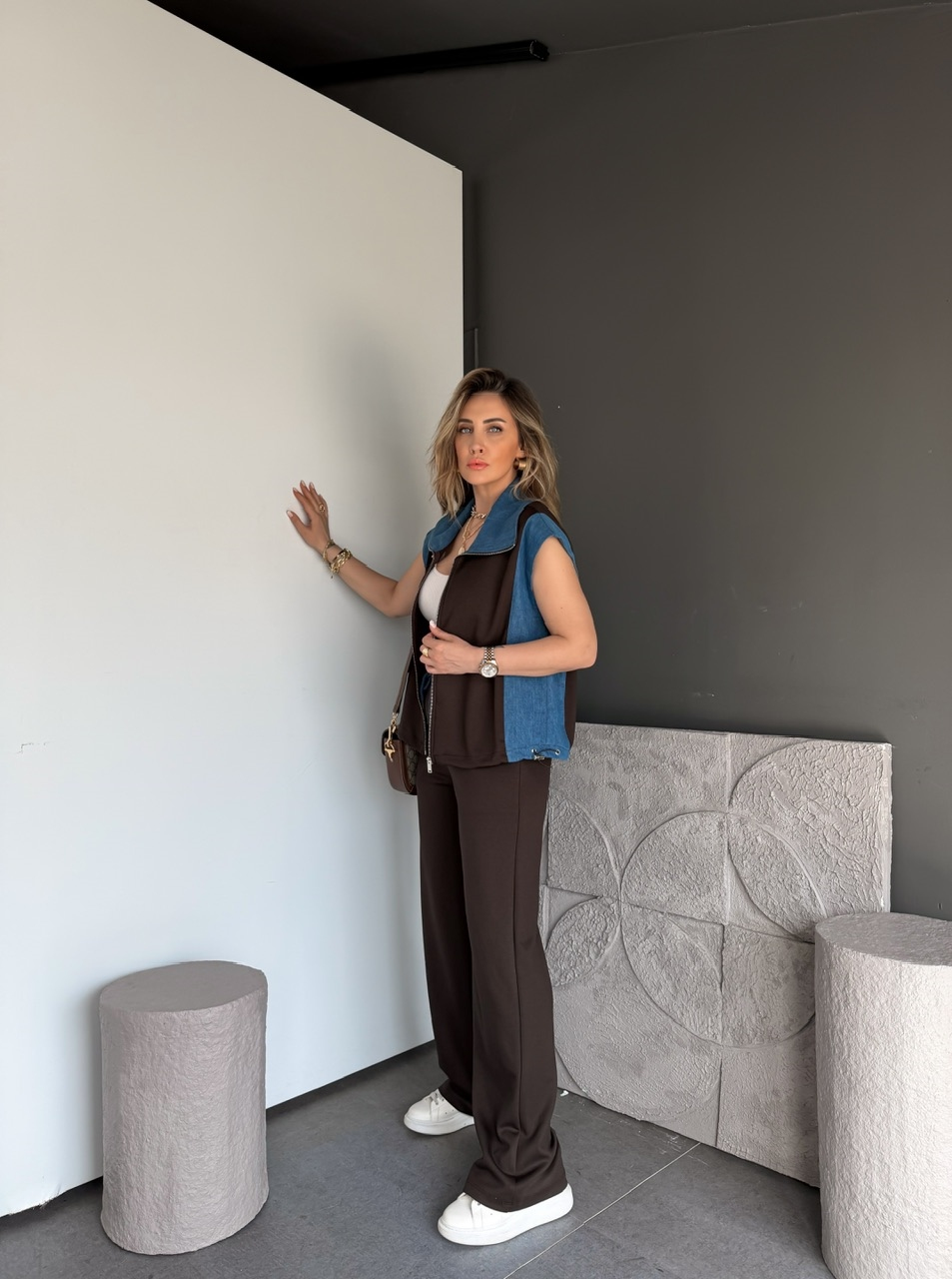 Kahve Kot Parçalı Yelekli Modal Takım