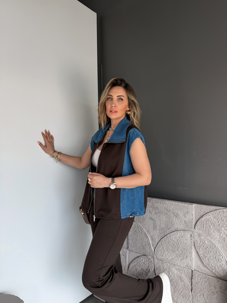 Kahve Kot Parçalı Yelekli Modal Takım