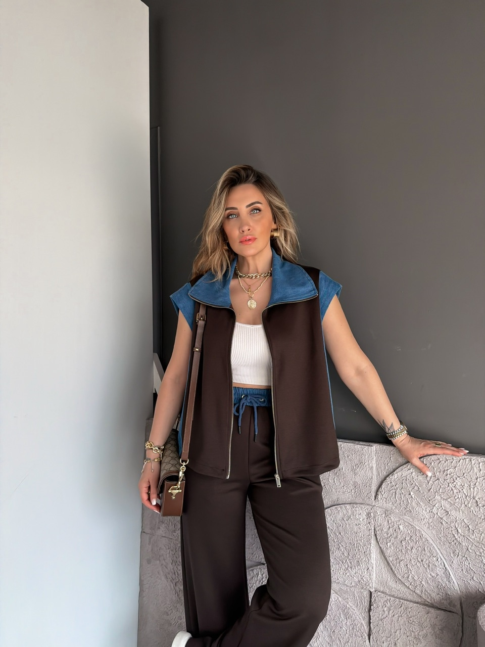 Kahve Kot Parçalı Yelekli Modal Takım
