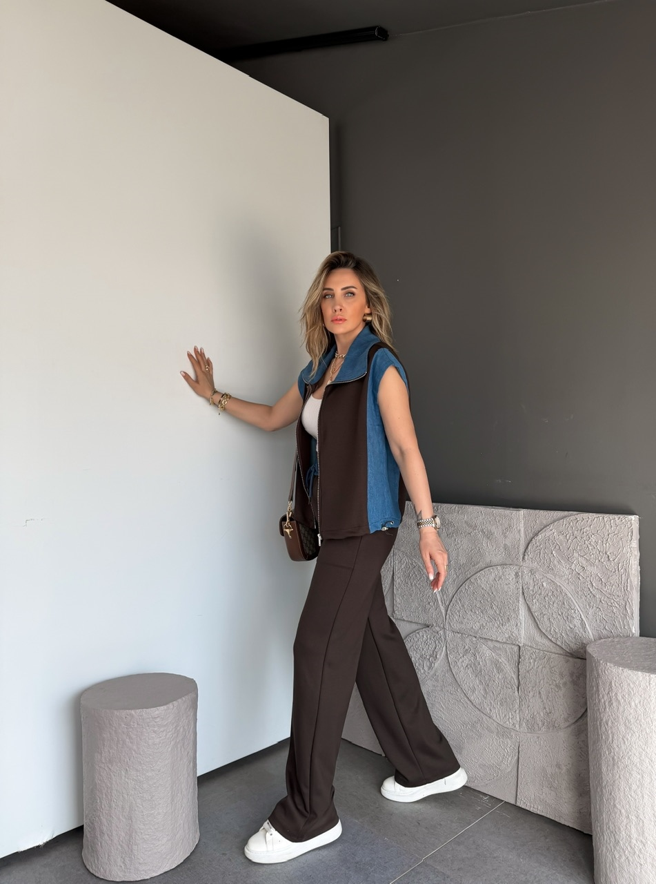 Kahve Kot Parçalı Yelekli Modal Takım