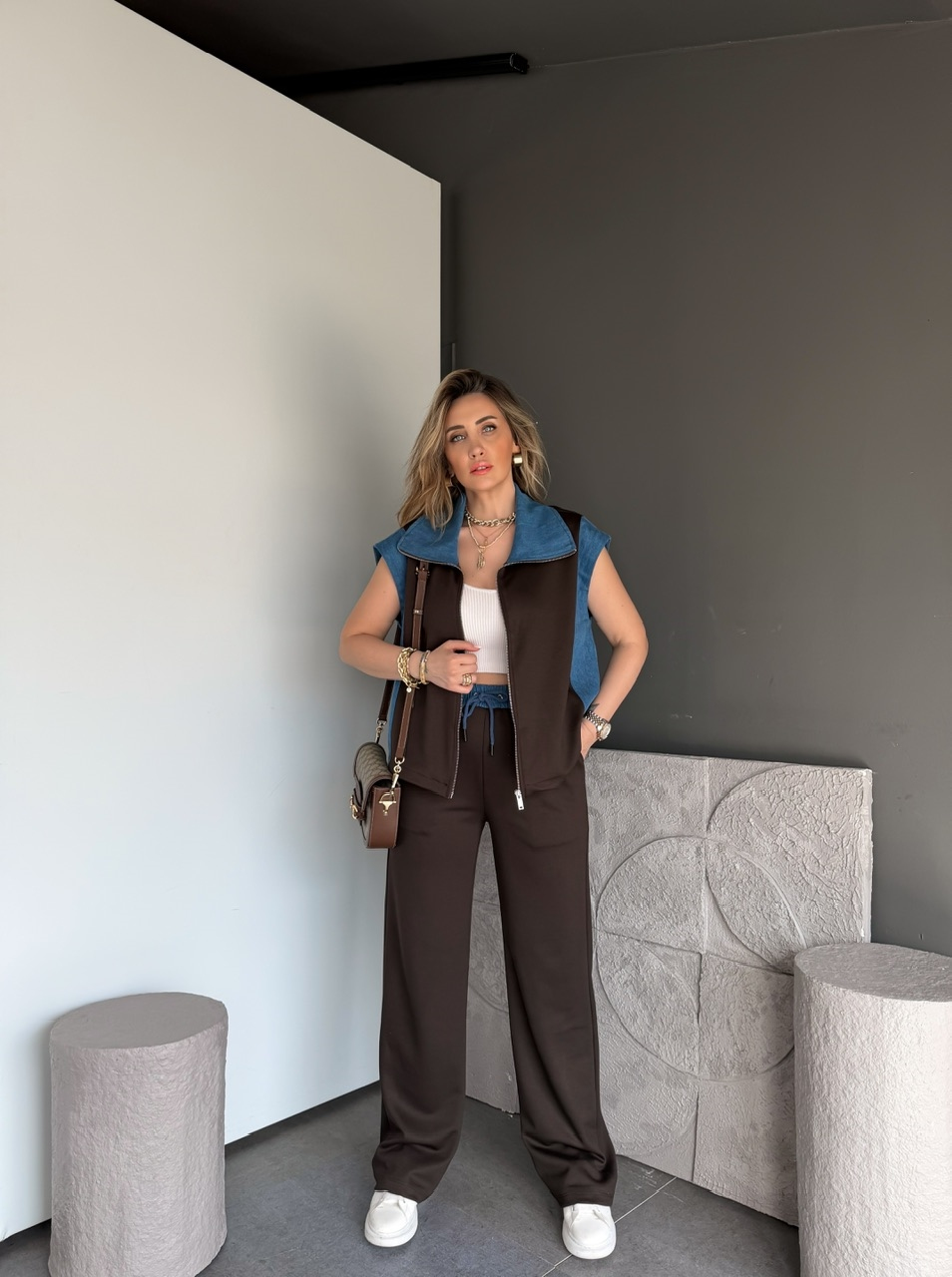 Kahve Kot Parçalı Yelekli Modal Takım