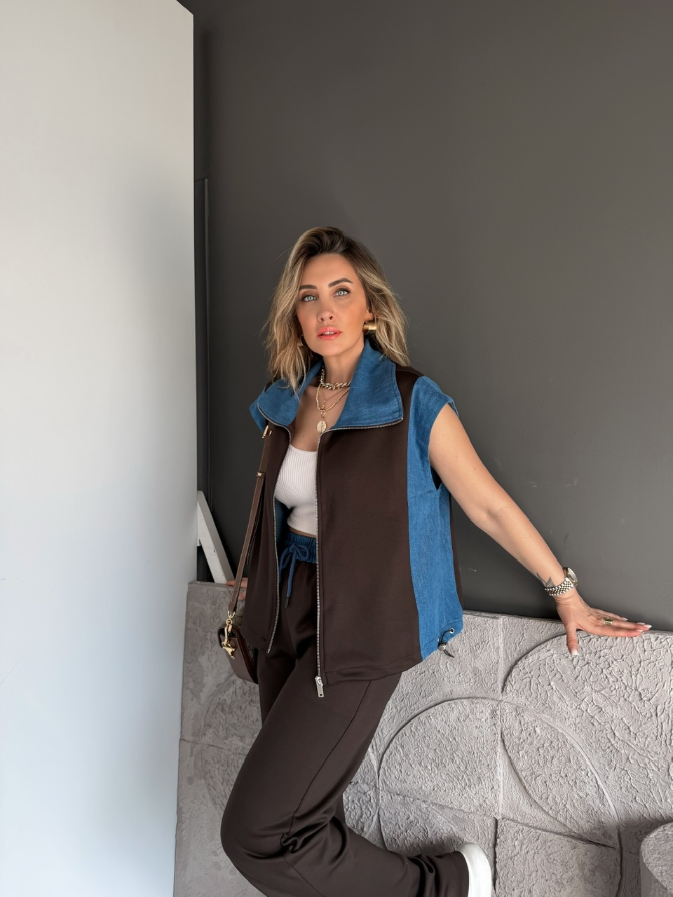 Kahve Kot Parçalı Yelekli Modal Takım
