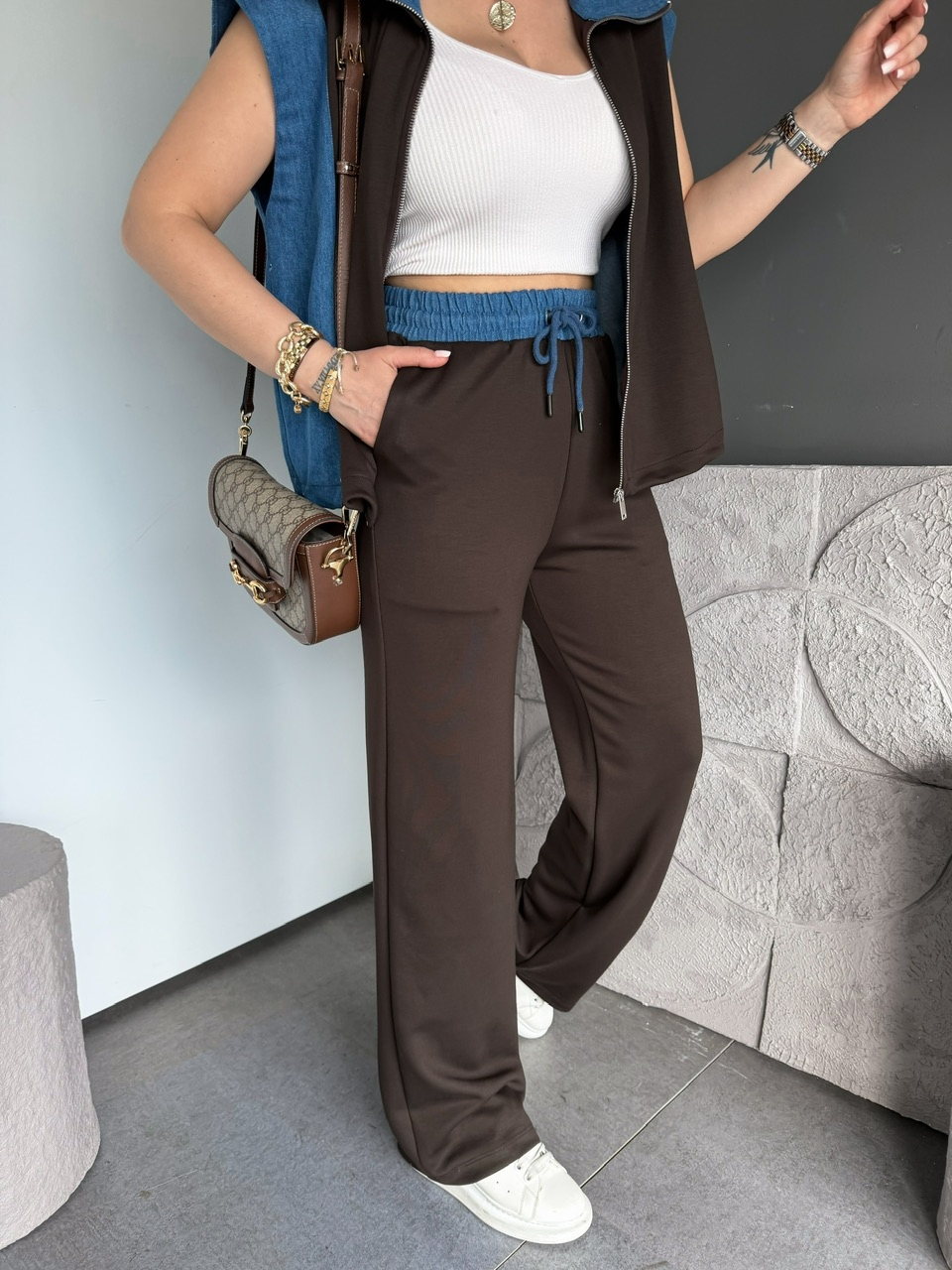 Kahve Kot Parçalı Yelekli Modal Takım