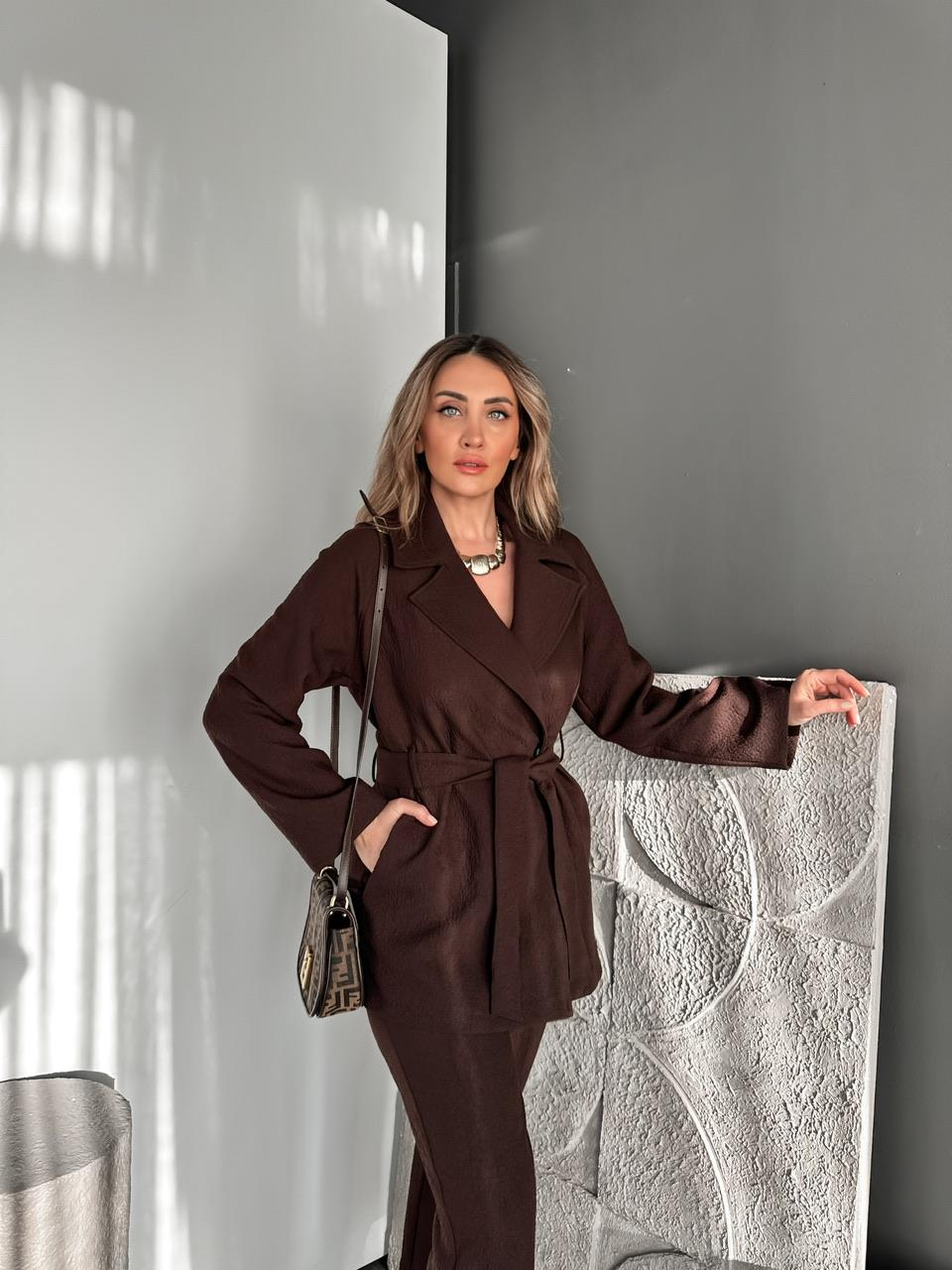 Kahve Kraşlı Kemerli Premium Ceket