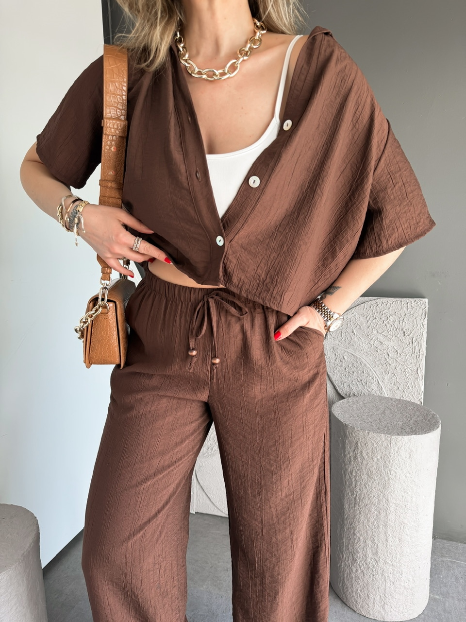 Kahve Kraşlı Relax Kesim Takım