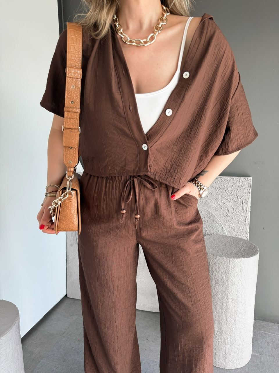 Kahve Kraşlı Relax Kesim Takım