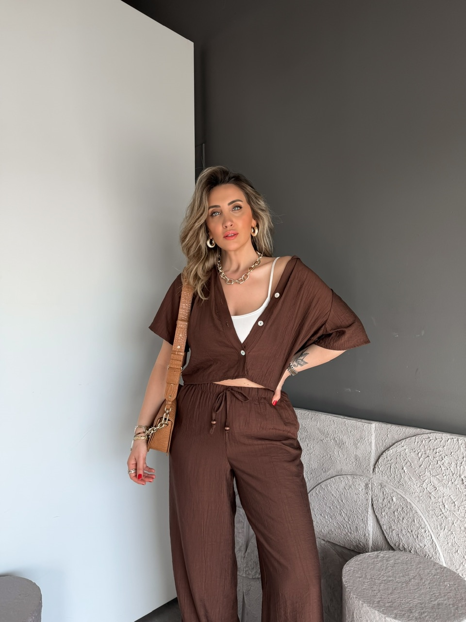 Kahve Kraşlı Relax Kesim Takım