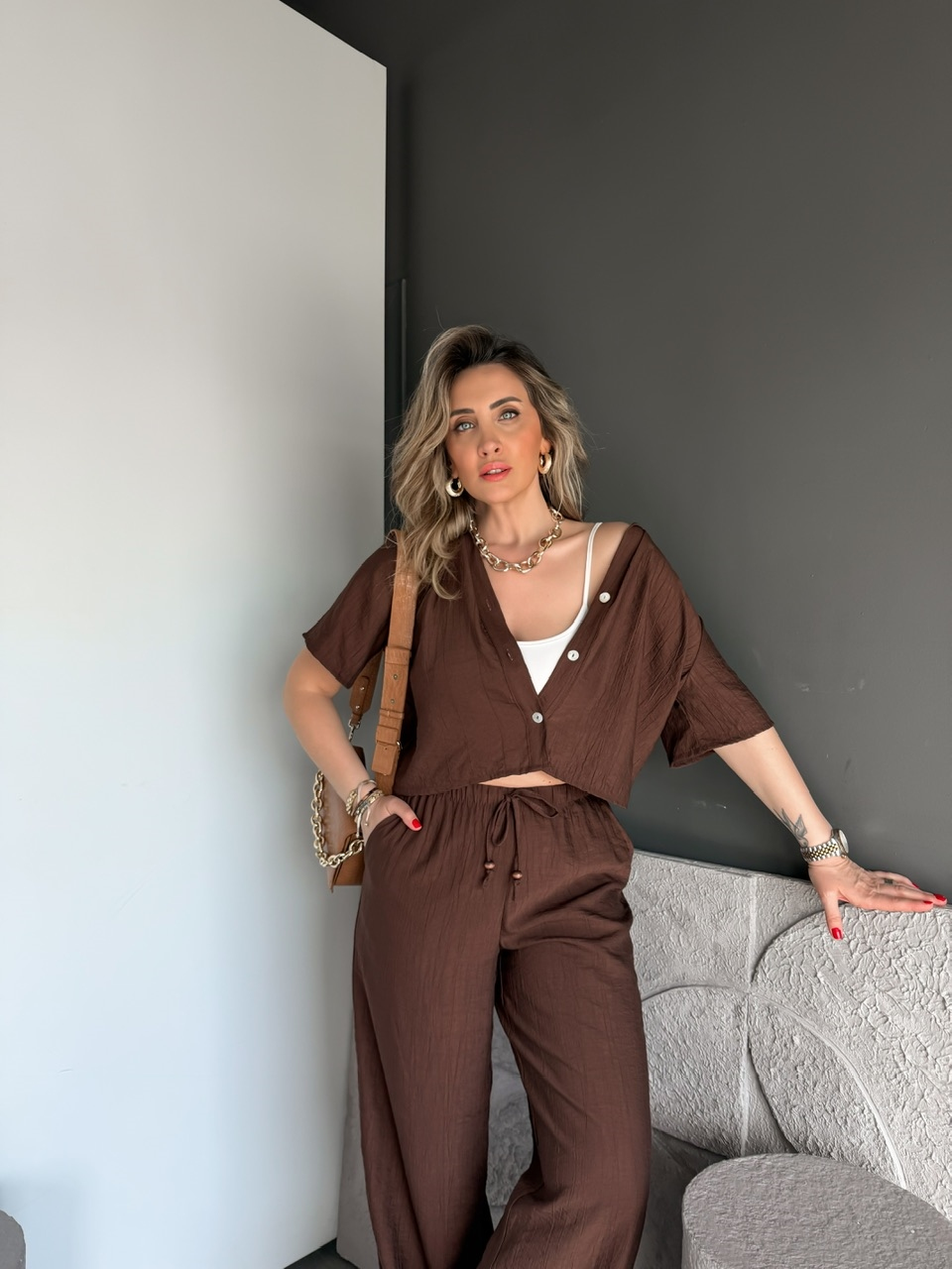 Kahve Kraşlı Relax Kesim Takım