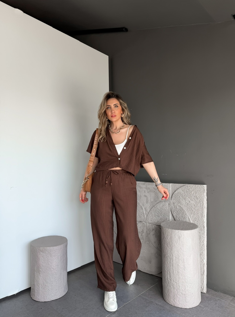 Kahve Kraşlı Relax Kesim Takım