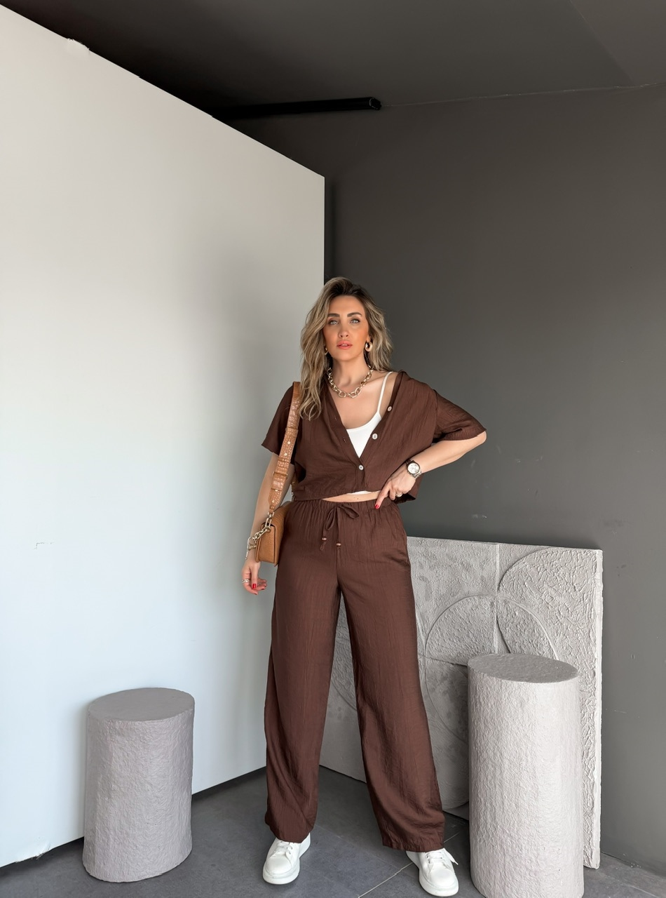Kahve Kraşlı Relax Kesim Takım