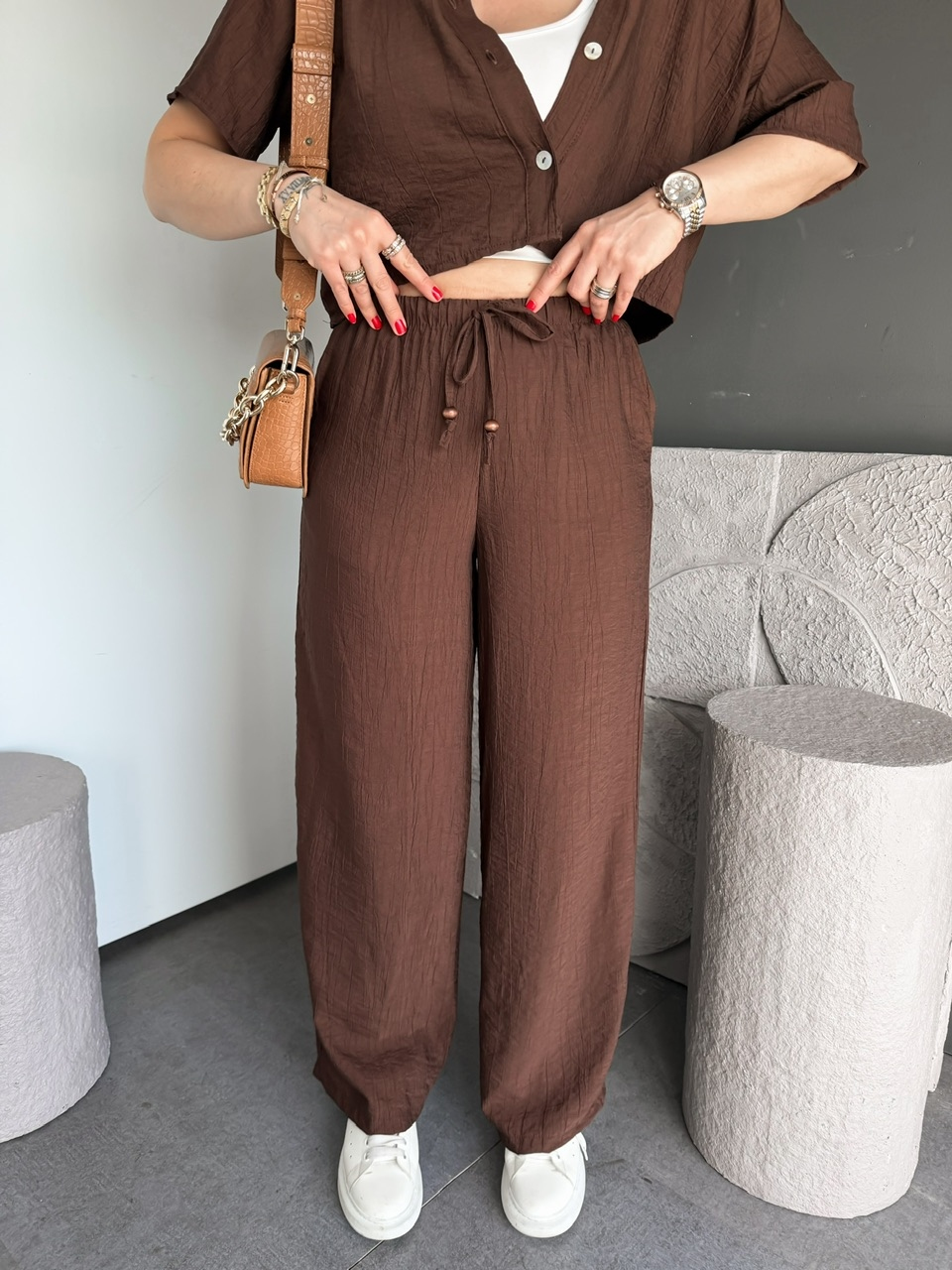 Kahve Kraşlı Relax Kesim Takım