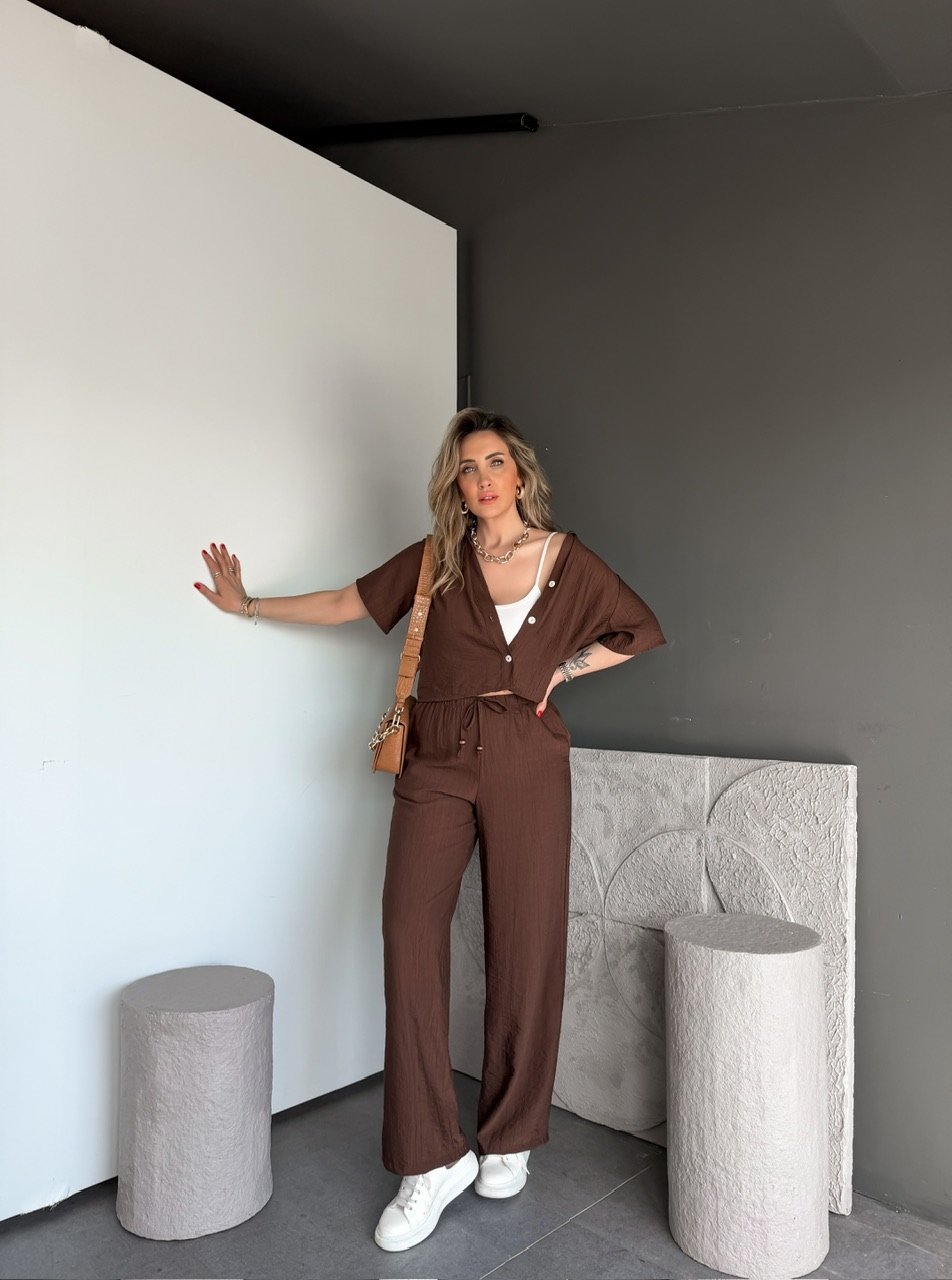Kahve Kraşlı Relax Kesim Takım