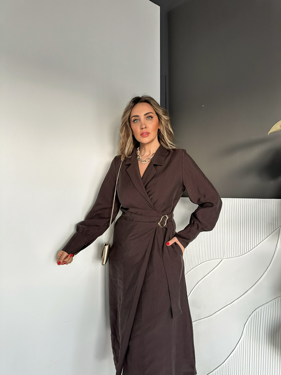 Kahve Kruvaze Tokalı Cepli Elbise