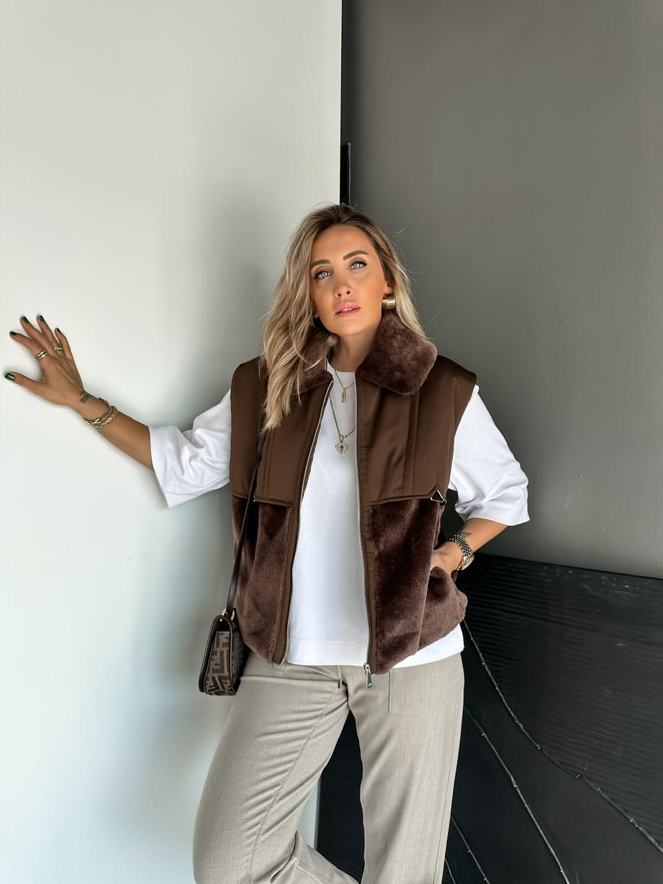 Kahve Kürk Parçalı Spor Yelek