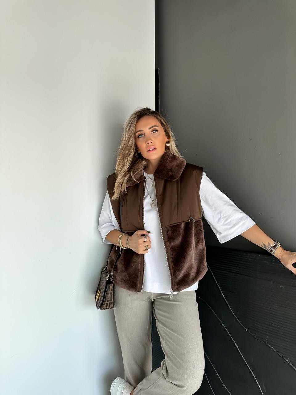 Kahve Kürk Parçalı Spor Yelek