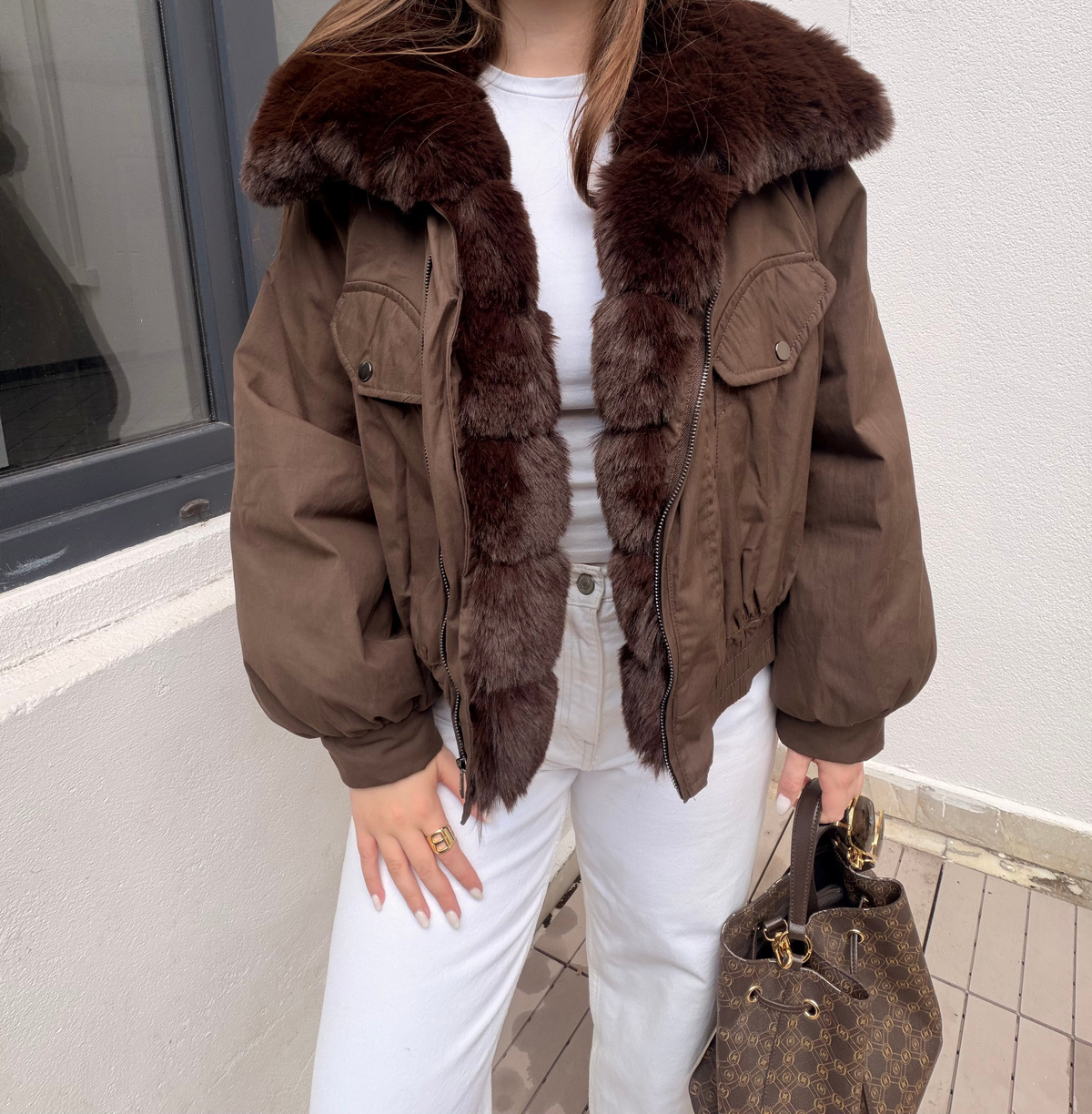 Kahve Kürklü Beli Lastikli Premium Mont