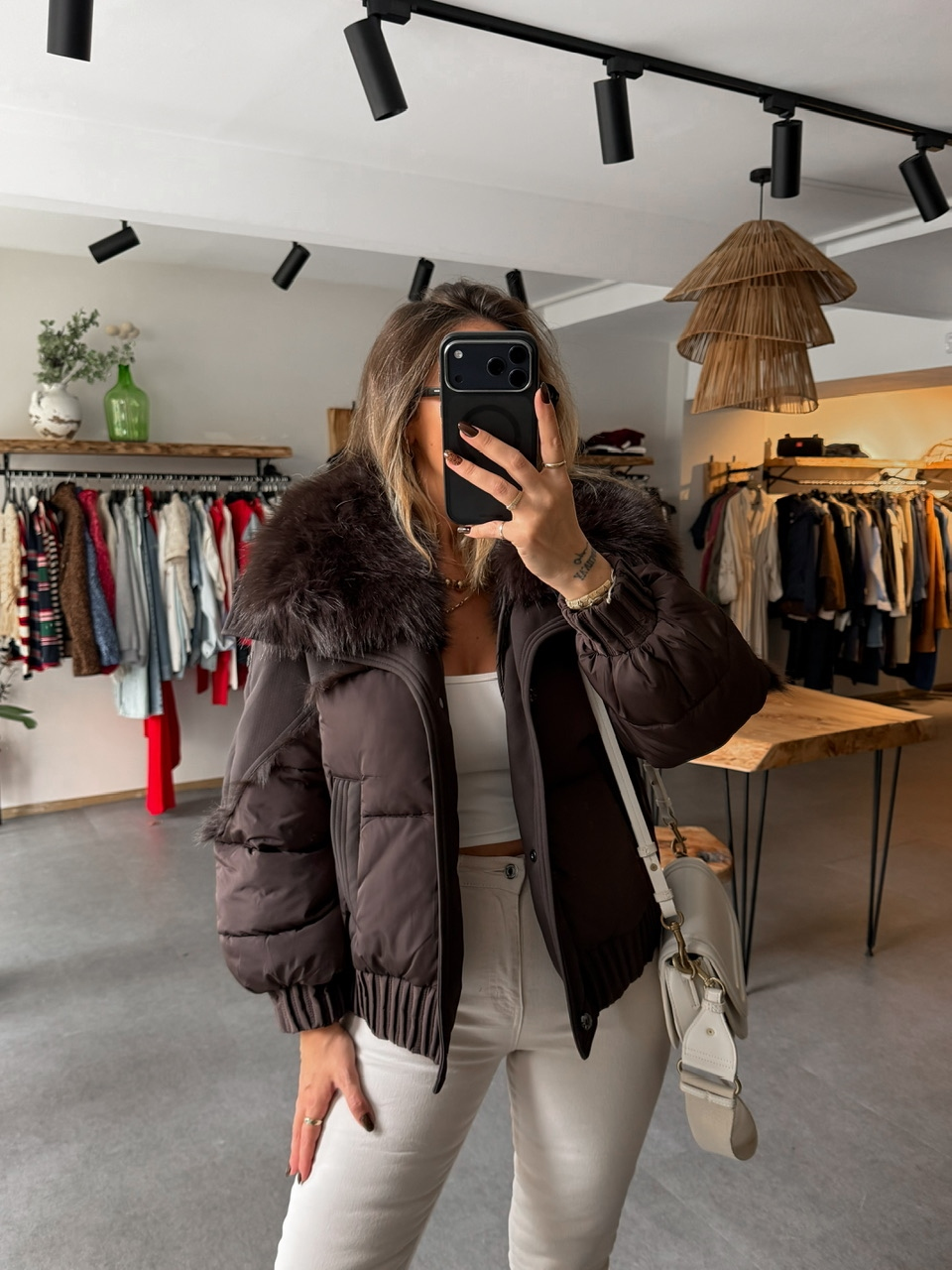 Kahve Kürklü Çıkarılabilir Premium Şişme Mont