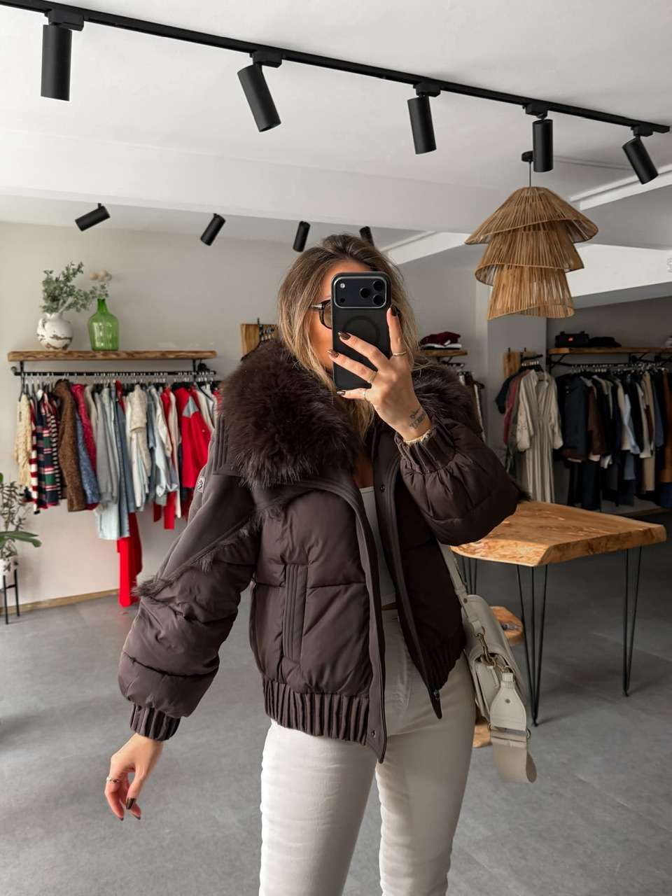Kahve Kürklü Çıkarılabilir Premium Şişme Mont