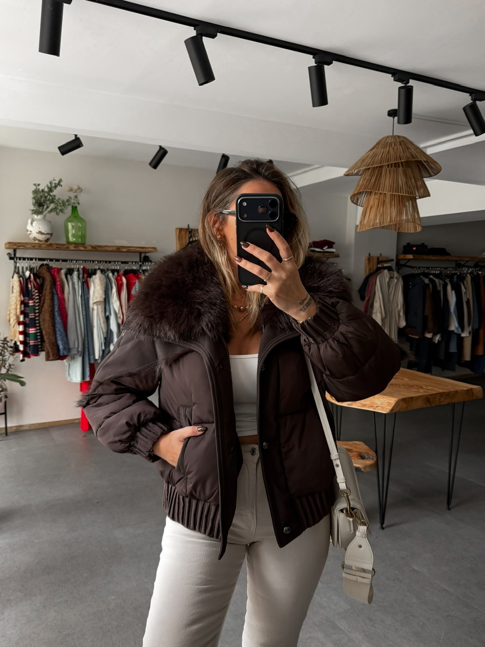 Kahve Kürklü Çıkarılabilir Premium Şişme Mont